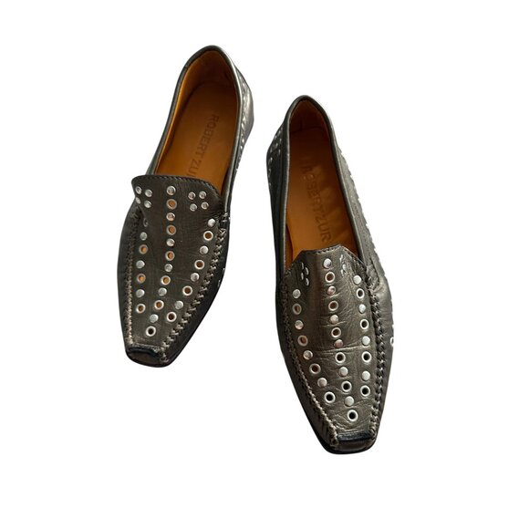 ROBERT ZUR Pewter Silver Metallic Leather Studded Flats Loafers Size 5.5 - Picture 10 of 11